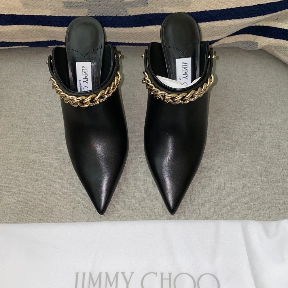 FINAL SALE Jimmy Choo Lexx 100 Black/gold Leather heeled Mules NWT size 7 - Picture 4 of 14